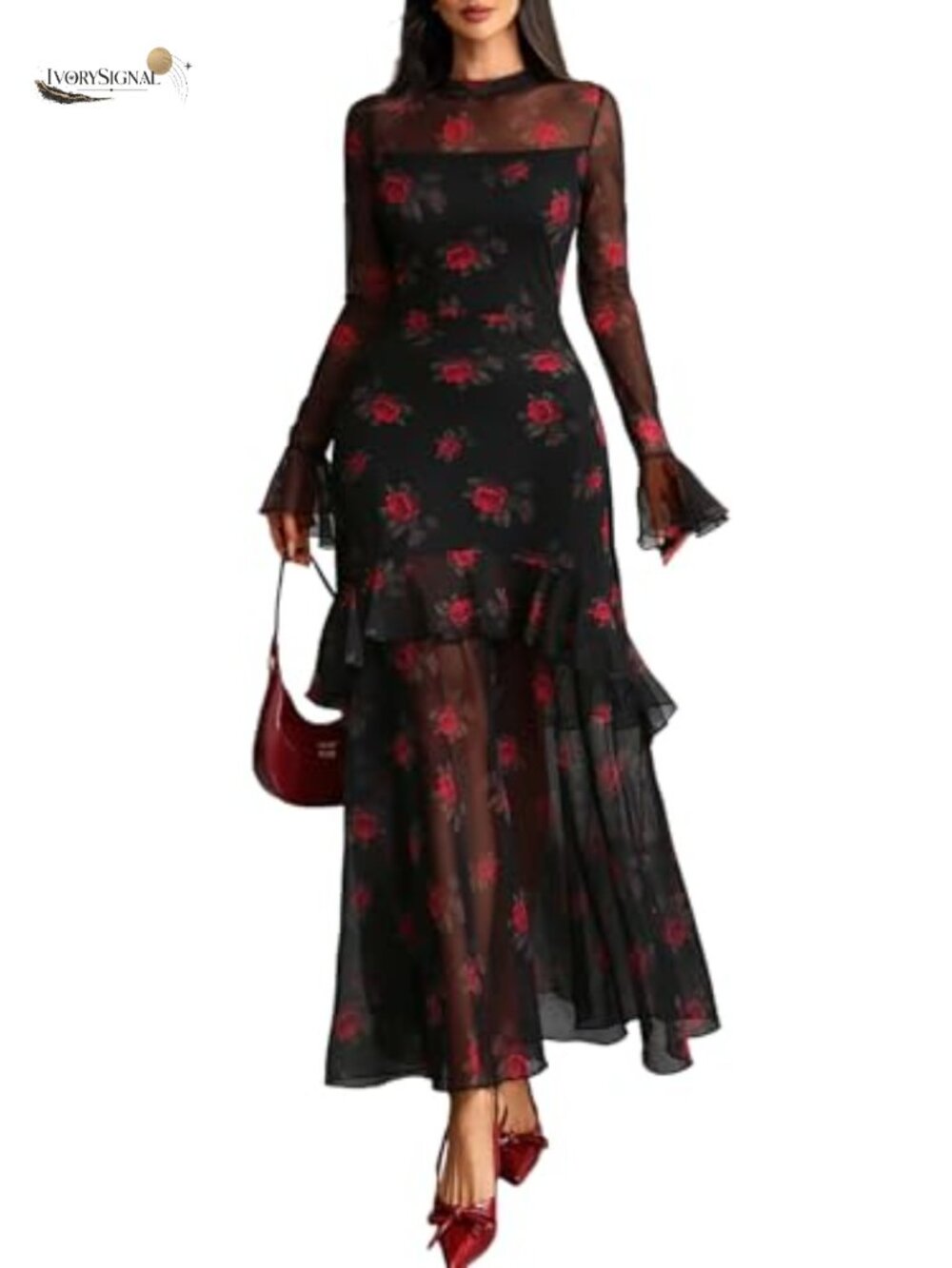 Women's Floral Maxi Dress Bell Sleeve Mermaid Party Wedding Guest
